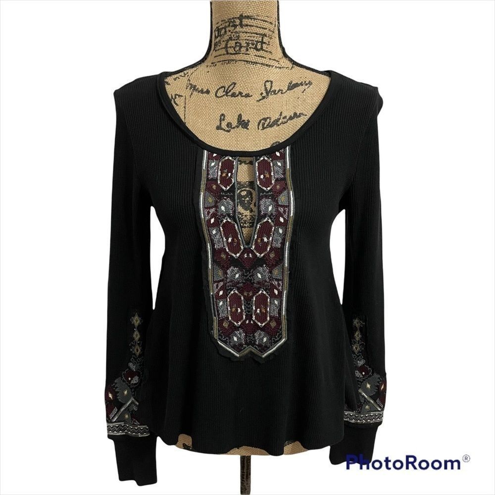 Free People X Marion Embroidered Long Sleeve Waffle Knit Thermal Top Sz S